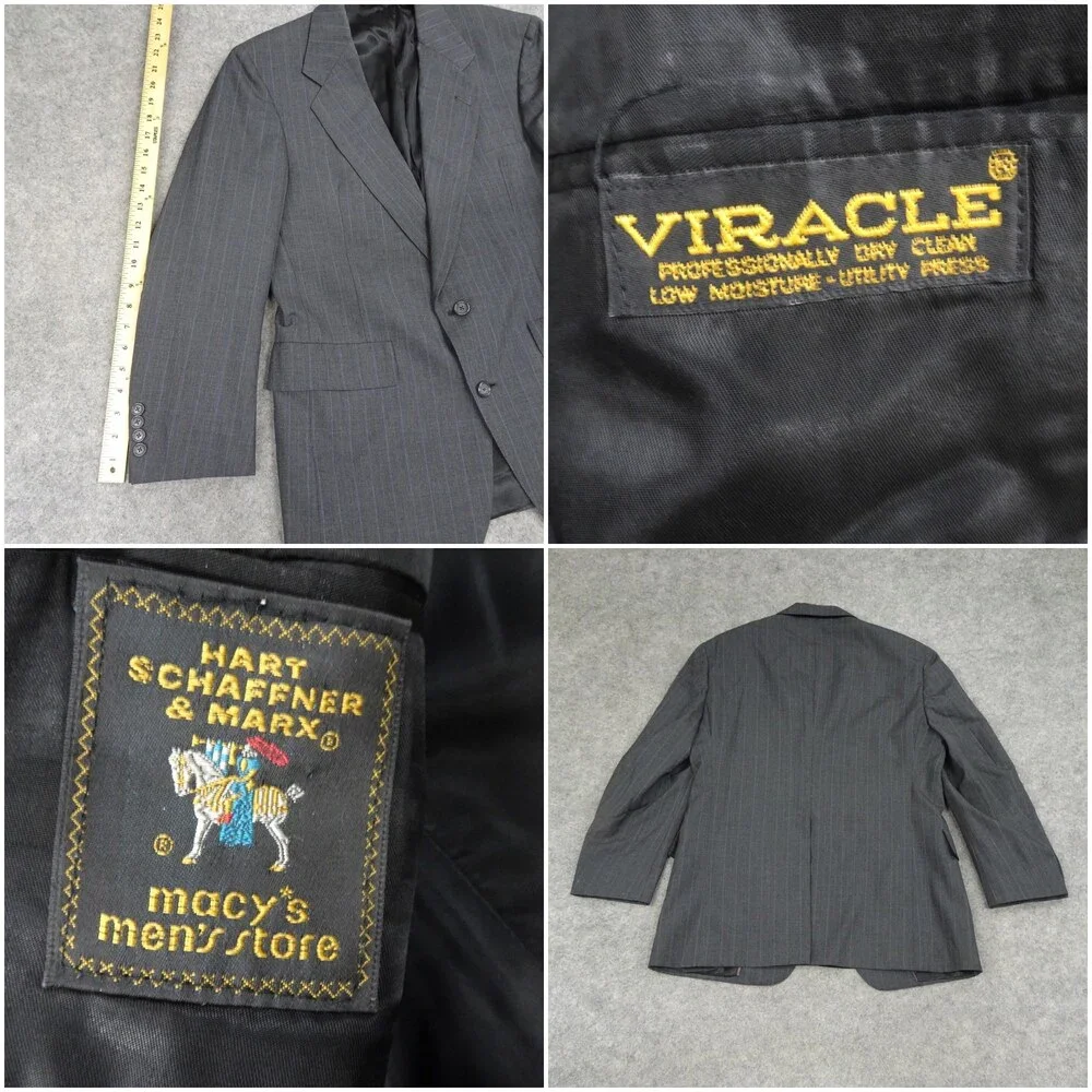 Vintage Hart Schaffner Marx Jacket Mens 40R Black Pinstripe Suit Coat Pockets